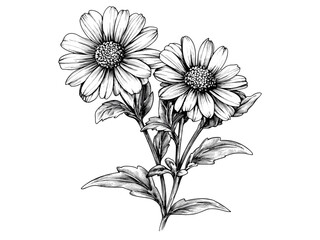 Aster flower sketch vintage engraving style, hand-drawn floral bloom, antique botanical art, black sketch, old engraving, trendy decor, nature, floral illustration, vintage nature print.