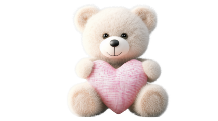 A set of fluffy white teddy bears in hugging posture with stitched detail, isolated on a transparent background
