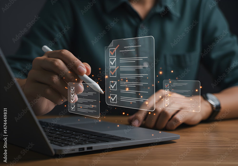 Aufkleber digital checklist online survey form on laptop for business data collection and analysis process