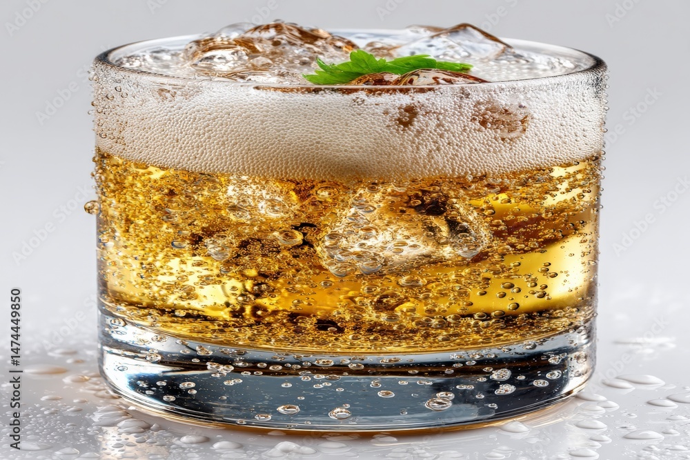 Poster refreshing drink with bubbles served in a clear glass on a white surface with ice and mint garnish