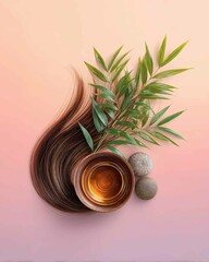 Obraz premium Hair care Elegant hair oil and smooth hair strands flat lay scene with bamboo spa accessories and pink gradient surface.