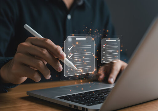 Digital checklist online survey form on laptop for efficient task management and productivity boost
