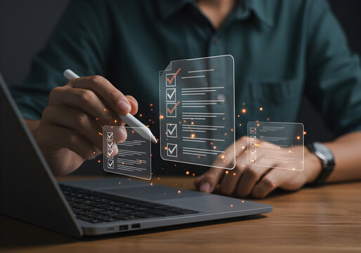 Digital checklist online survey form on laptop for business data collection and analysis process