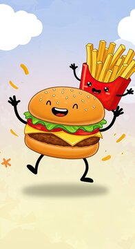 Naklejki Happy cartoon burger and fries characters for playful design