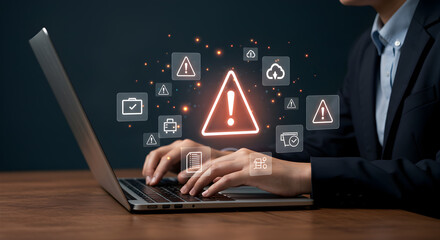 Cyber security alert warning on laptop computer screen for data protection and threat detection