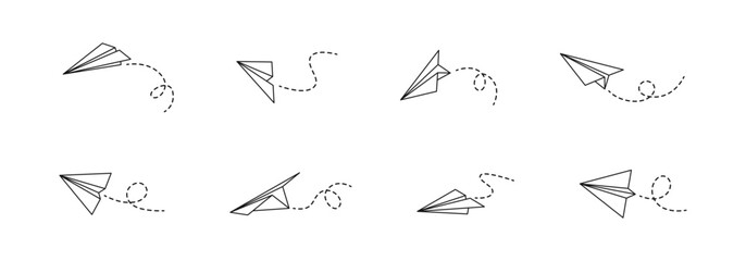 Paper plane flying outline vector set. Linear planes in flight motion