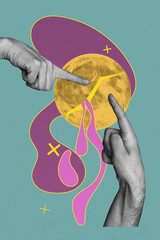 Vertical 3d poster creative art collage of hands show broke moon planet water lick crack space...