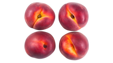 Four ripe peaches arranged in a square pattern, showing off their reddish-yellow hues, isolated on a white background