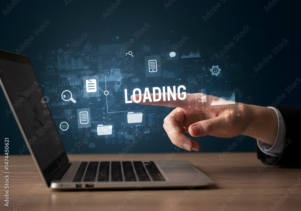 Aufkleber loading data on laptop concept with hand touching screen for technology and internet use case, seo
