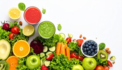 Overhead view of a colorful healthy meal including salad, smoothie, and fresh ingredients.