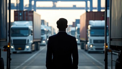 Obraz premium A silhouetted figure in a suit stands among parked trucks, evoking a sense of industry and logistics at dusk.