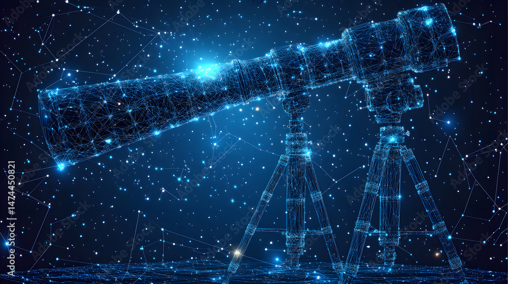 Fototapete futuristic telescope made of interconnected blue lines and dots on a starlit background. digital con