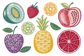 pineapple, lemon slice, strawberry, orange slice, peach, apple, pear, avocado, kiwi, passion fruit, pomegranate, vector illustration, black and white, highly detailed, botanical illustration, engravin