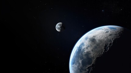 Obraz premium A large, round, blue planet with a smaller, round, gray moon in the background, set against a dark, starry sky