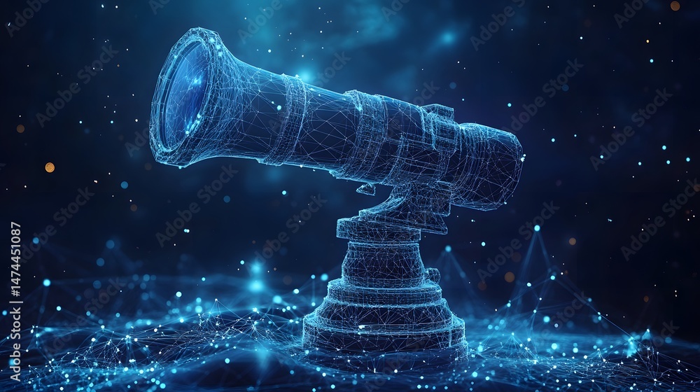 Aufkleber Futuristic telescope rendering with blue wireframe design against a digital backdrop, showcasing technological advancement and exploration. Abstract wireframe in dark blue.