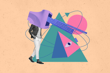 Composite trendy magazine photo collage of anonym man woman instead head pc monitor digital code eyeball stare freemason