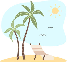 Doodle clip art of vector tree palm and deck chair isolated.