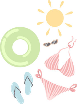 Vector hand drawn clip art of swisuit and flip-flap and sunglasses isolated. Summer illustration.