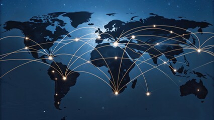 Global map with illuminated connections, representing communication and data exchange across continents.