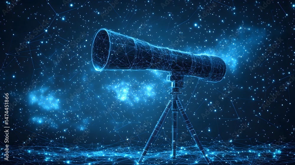 Poster abstract wireframe telescope gazing into a starlit dark blue expanse. cosmic constellations and digi