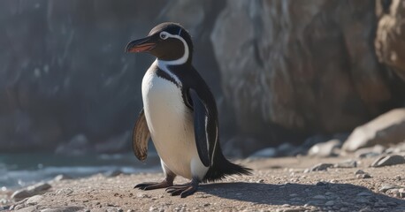 Fototapeta premium Humboldt penguin preening its feathers on a rocky beach , sea, seabird, ocean