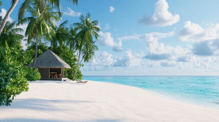 Serene tropical island featuring beach hut surrounded by palm trees and soft white sand, evoking sense of tranquility