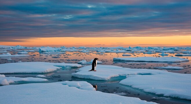 Penguin standing on ice floe in antarctica at sunset with cloudy sky above - Powered by Adobe