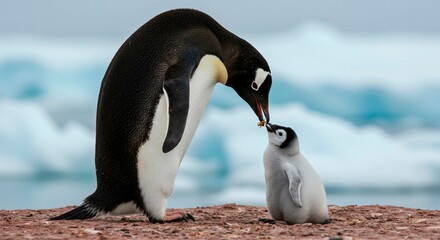 Adult penguin feeding its chick on rocky ground with blurry icebergs behind