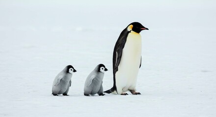 Naklejka premium Emperor penguin with two chicks walking on the snowy antarctic landscape
