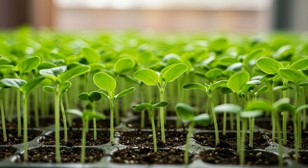 A row of small green plants are in a tray