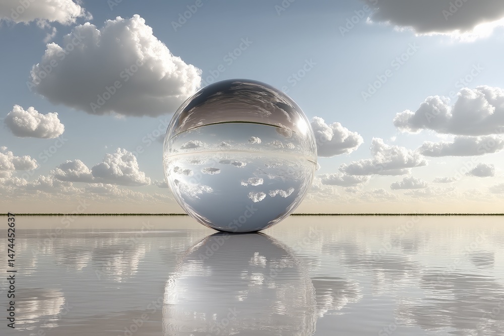 Aufkleber reflective sphere on calm water with clouds in the background during sunset