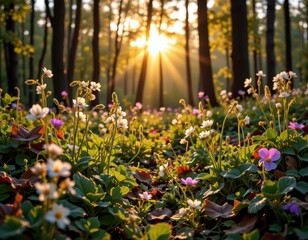 rare herbs in an enchanted forest, glowing under a soft golden sunrise.