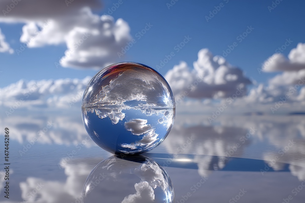 Poster reflection of clouds in a glass sphere positioned on a reflective surface under a blue sky
