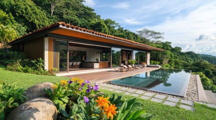 Obraz premium Modern home exterior with infinity pool reflecting lush trees and blue sky
