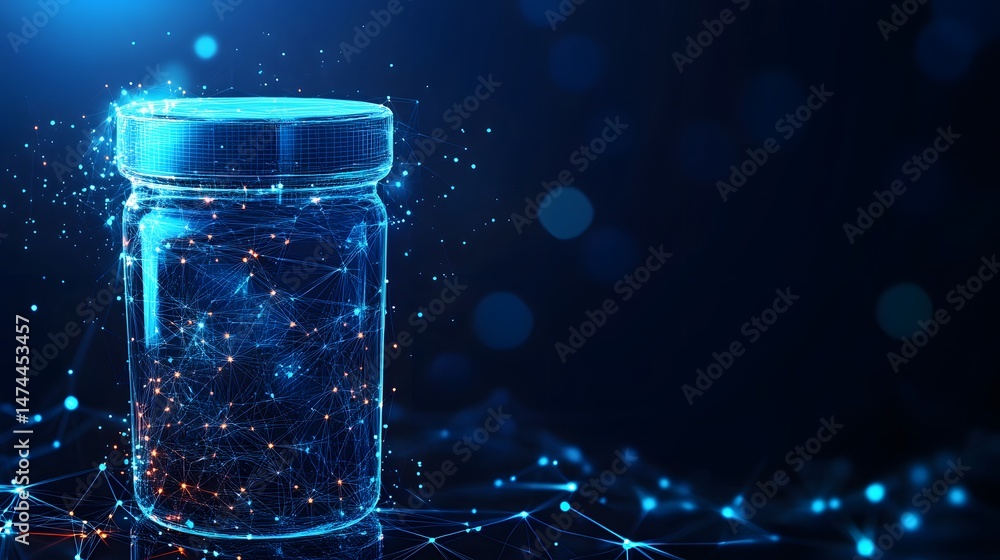 Poster Abstract glass jar with a glowing network inside, resting on a reflective surface. Points of light create depth against a dark blue backdrop, enhanced by a grid. Abstract wireframe in dark blue