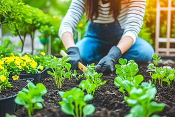 Gardener is digging soil with a shovel and preparing to plant plants. Springtime in the garden.