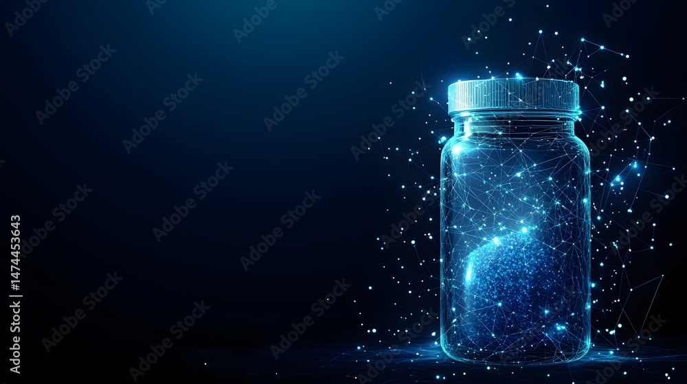 Poster Futuristic jar containing a glowing blue sphere, radiating energy. Abstract wireframe design with a technological feel against a dark gradient backdrop. Abstract wireframe in dark blue.