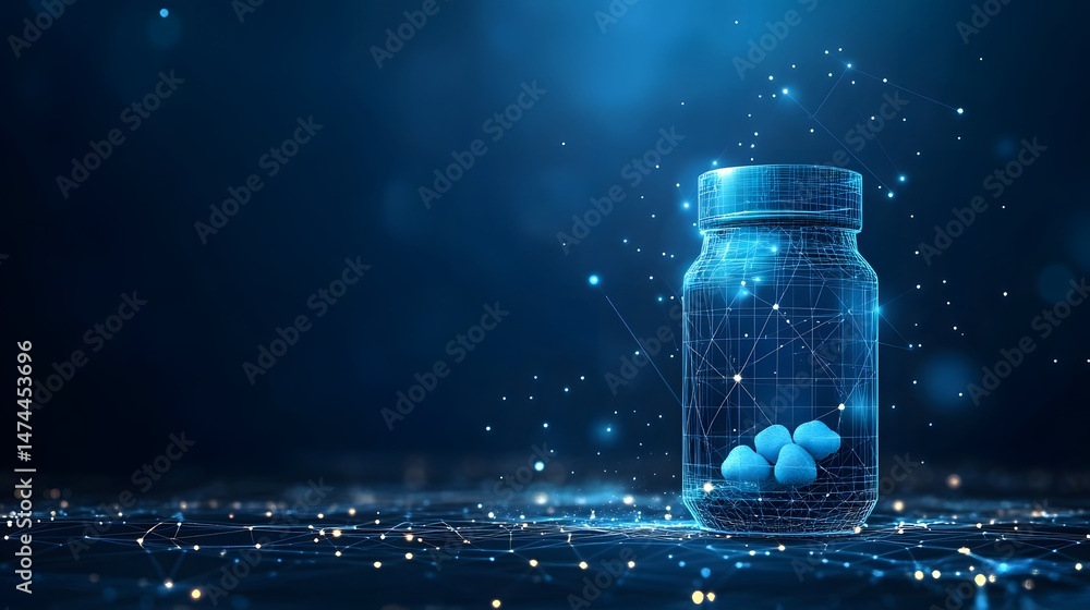 Poster Abstract wireframe rendering of a jar with blue pills on a dark blue background. Futuristic digital feel with network of connected lights under jar. Abstract wireframe in dark blue