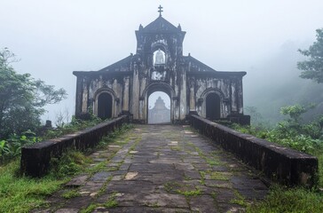 Obraz premium Tam Dao stone church standing strong in heavy fog