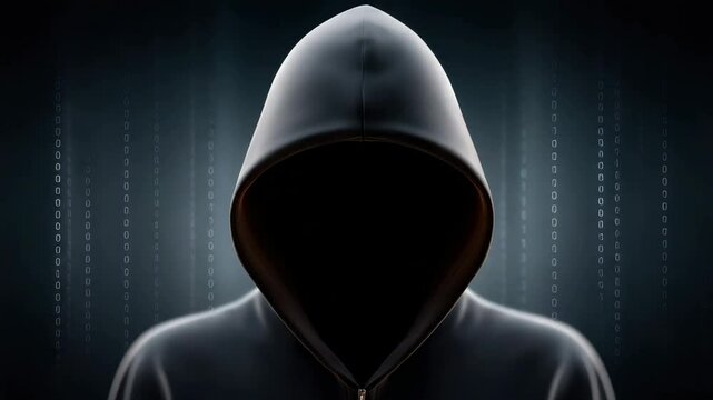 A hacker in a black hood stealing data with an aggressive posture. The issue of personal and financial data theft. Online financial fraud.