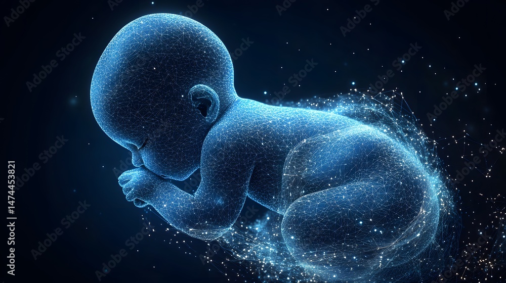 Aufkleber Abstract wireframe of a fetus, glowing particles symbolizing life and potential. Futuristic, technological concept against a dark, star-filled backdrop. Abstract wireframe in dark blue