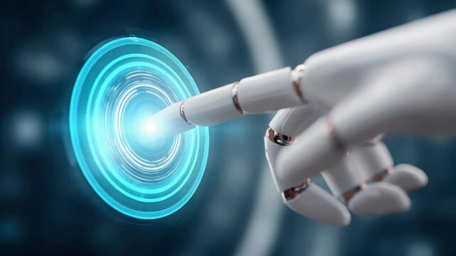 A finger pressing a glowing button symbolizes the initiation or advancement of AI technology, robotics, high-level and massive processing, and large-scale data storage systems.
