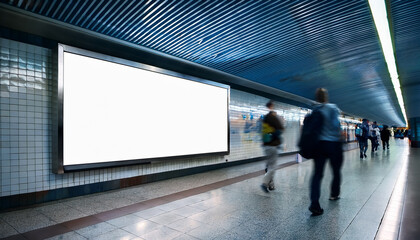 subway station with blank advertising board and commuters walking
