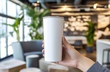 Close-up of male hand holding steel eco reusable thermo bottle for water, bokeh office background