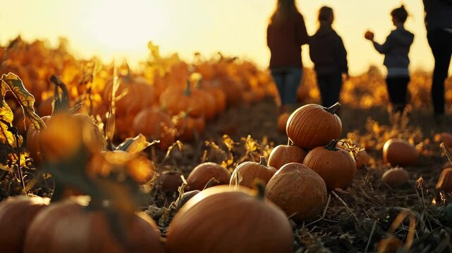 Golden sunset in pumpkin patch with silhouetted children playing and exploring