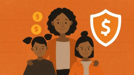 Family financial security illustration with dollar symbols and protection