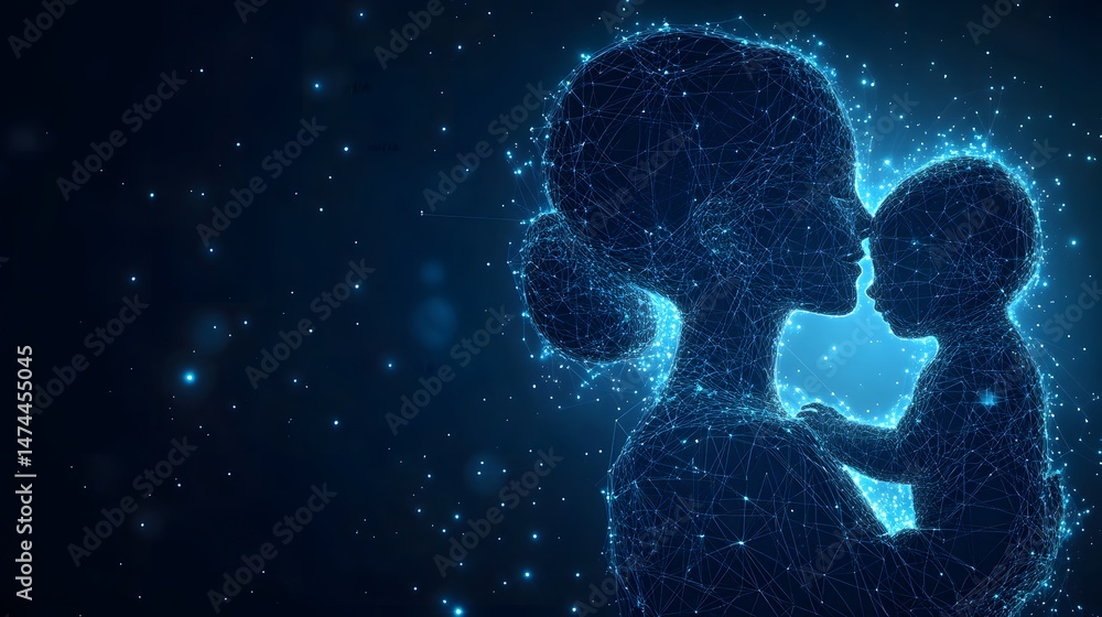 Fototapete a stylized wireframe of mother and baby against a cosmic, dark blue backdrop. interconnected lines a