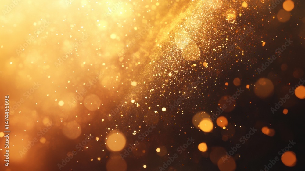 Poster golden glittering dust particles floating in light abstract background with bokeh effects and warm t