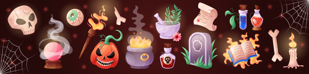 Halloween icon set. Magic witch cartoon isolated objects. Game elements, wizard tale book. Stick of fairy, pot, skull, cauldron with potion. Alchemy bottle. Vector garish sticker witchcraft collection