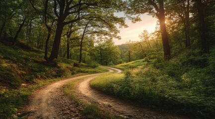 Obraz premium A winding dirt road through a lush forest at sunset. Sunlight filters through the trees, illuminating the path ahead. Green foliage and a gentle incline surround the trail
